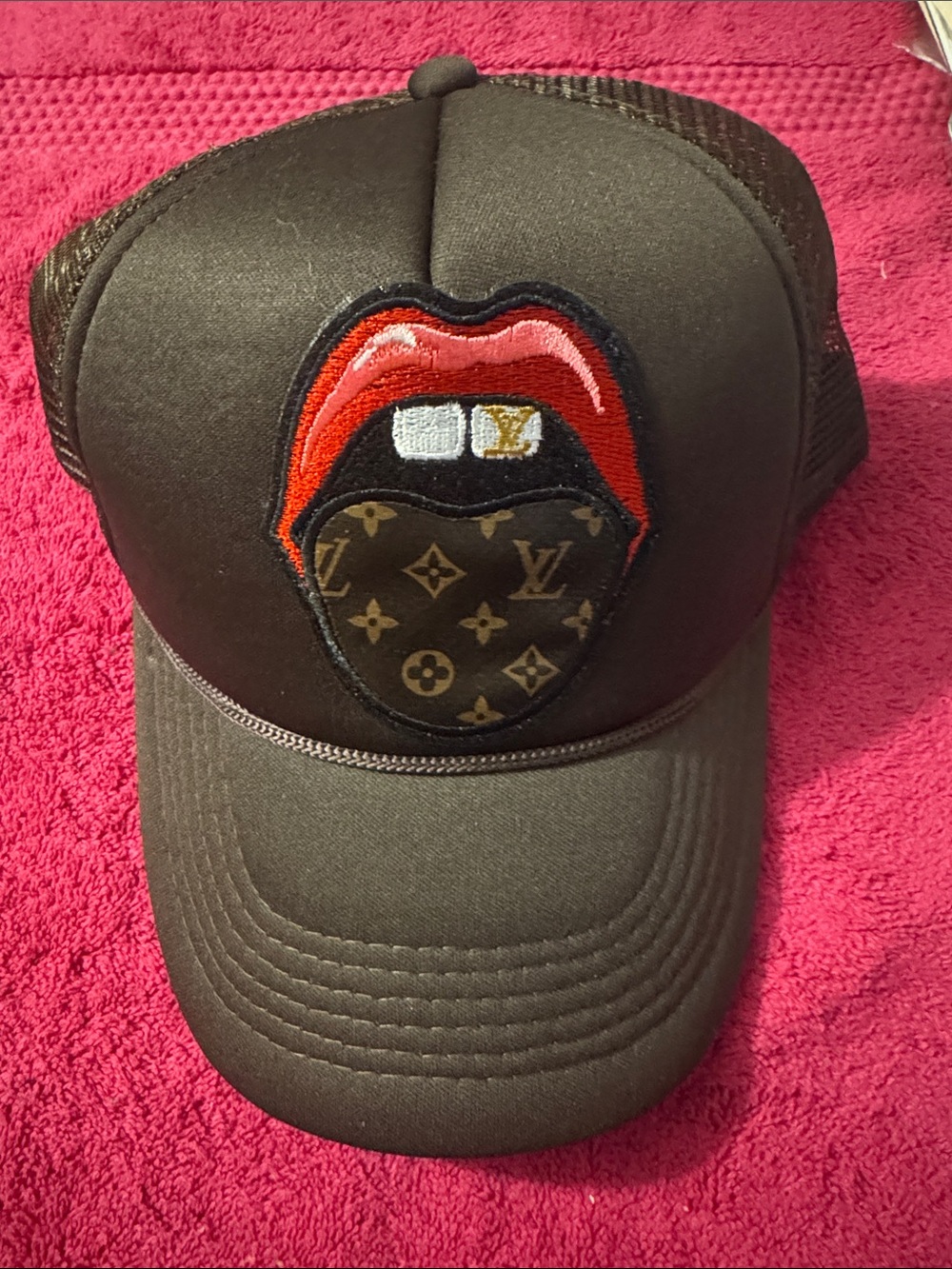 Brown Trucker Hat with Red Lips Patch